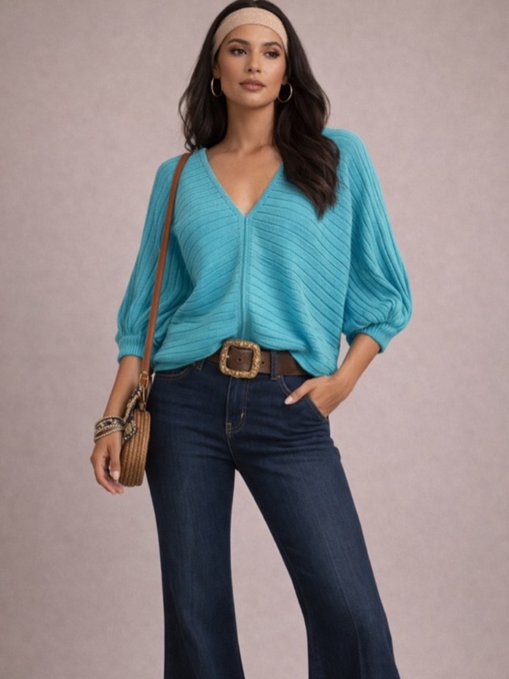 JODIFL Turquoise V-Neck Sweater